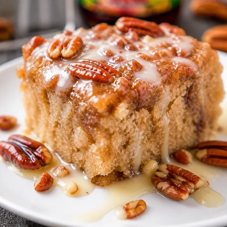 Delicious Butter Pecan Praline Poke Cake topped with coconut pecan frosting and pecans