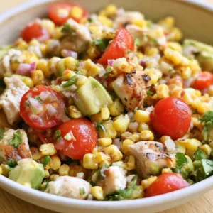Delicious Chicken Corn Salad with avocado, tomatoes and lime dressing