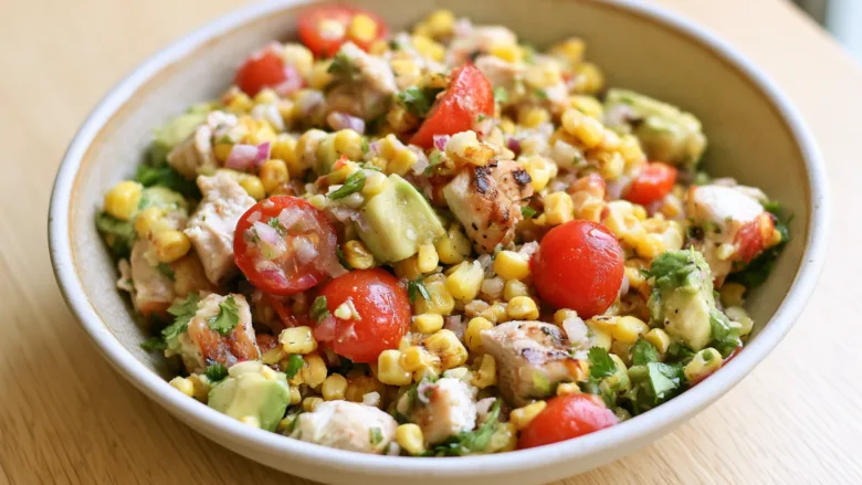 Delicious Chicken Corn Salad with avocado, tomatoes and lime dressing