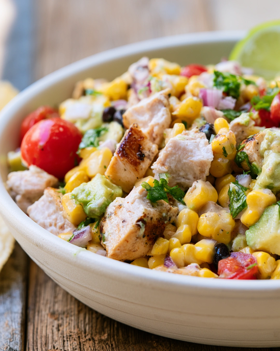 Delicious Chicken Corn Salad served with lime and tortilla chips