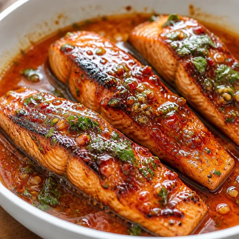 Easy Sweet Chilli Salmon glazed with a sticky sweet chili sauce on a plate.