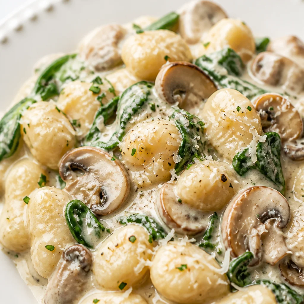 Creamy Spinach and Mushroom Gnocchi served in a rich garlic cream sauce.