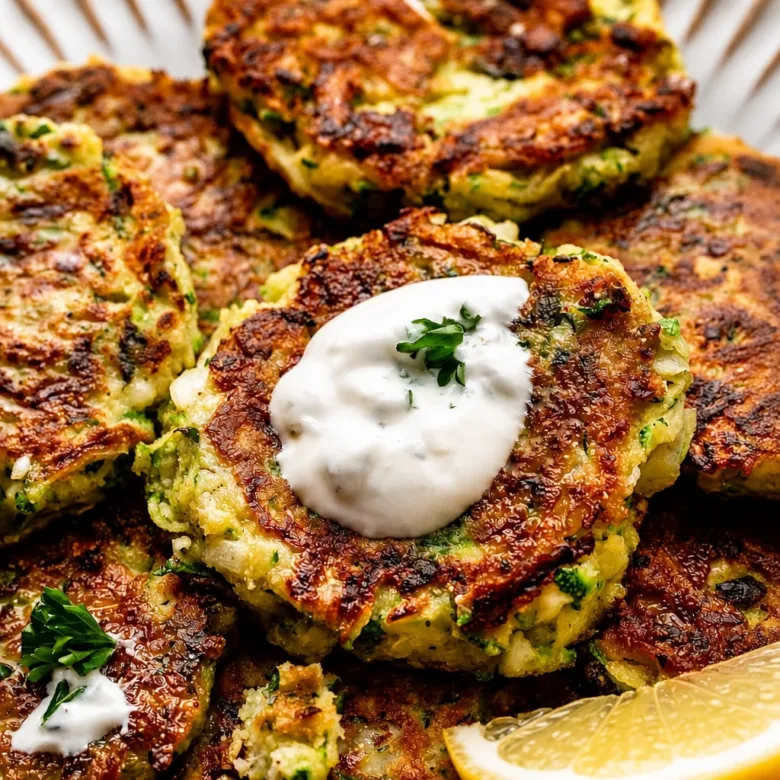 Plate of golden crispy zucchini fritters served with lemon yogurt sauce.