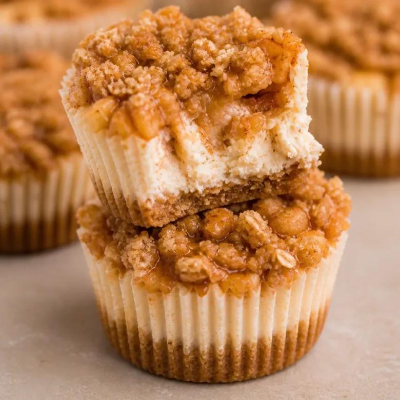 Delicious Apple Crisp Mini Cheesecakes topped with apple filling and streusel.