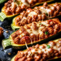 Deliciously easy stuffed zucchini boats with ground beef topped with melted cheese.