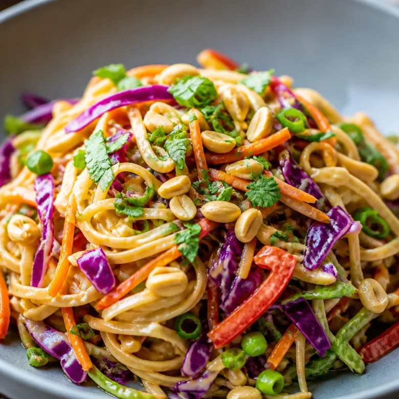 Delicious Best Thai Peanut Pasta Salad with crunchy vegetables and creamy peanut dressing.