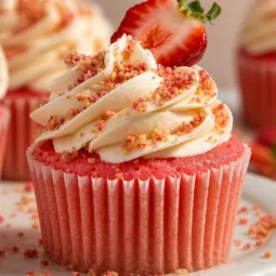 Delicious Strawberry Crunch Cupcakes with cream cheese frosting and strawberry crumble topping.