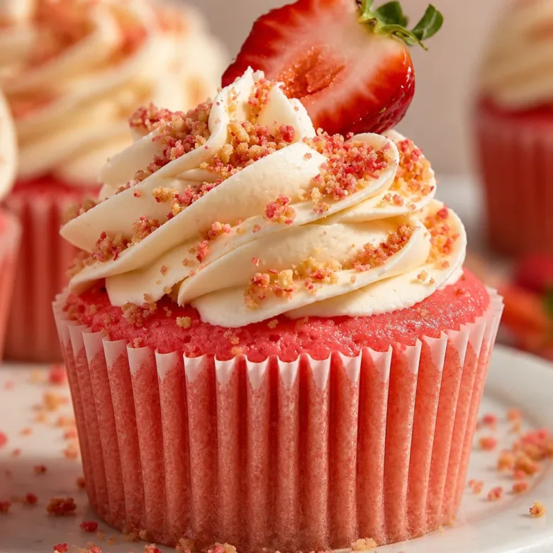 Delicious Strawberry Crunch Cupcakes with cream cheese frosting and strawberry crumble topping.