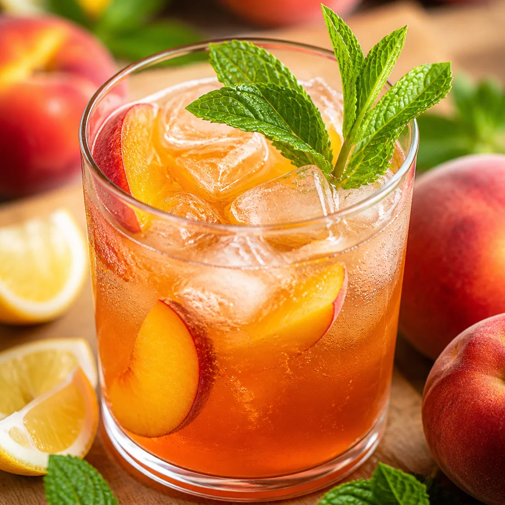 Glass of Southern Peach Tea served over ice with fresh peach slices and mint leaves.