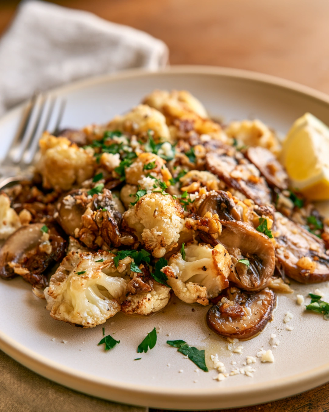 Garlic Mushrooms & Cauliflower served with Parmesan, parsley, and fresh lemon