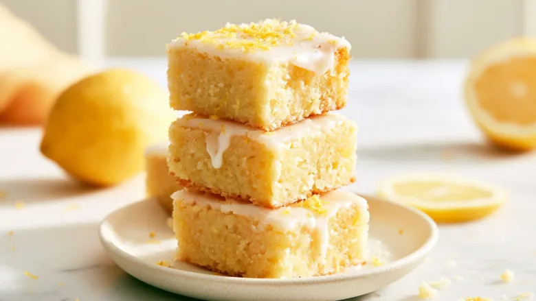 Easy Lemon Brownies With a Zesty Citrus Twist topped with fresh lemon glaze
