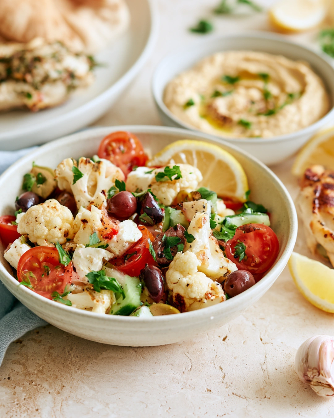 Easy Mediterranean Marinated Cauliflower Salad served with chicken, hummus and pita