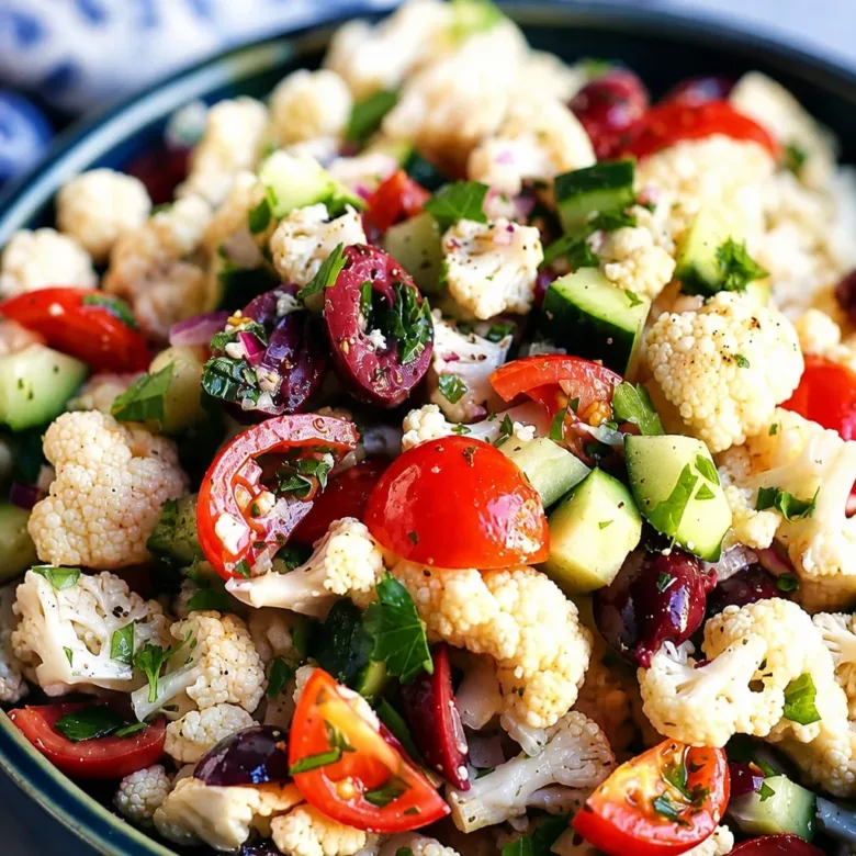Easy Mediterranean Marinated Cauliflower Salad with fresh herbs and zesty dressing.