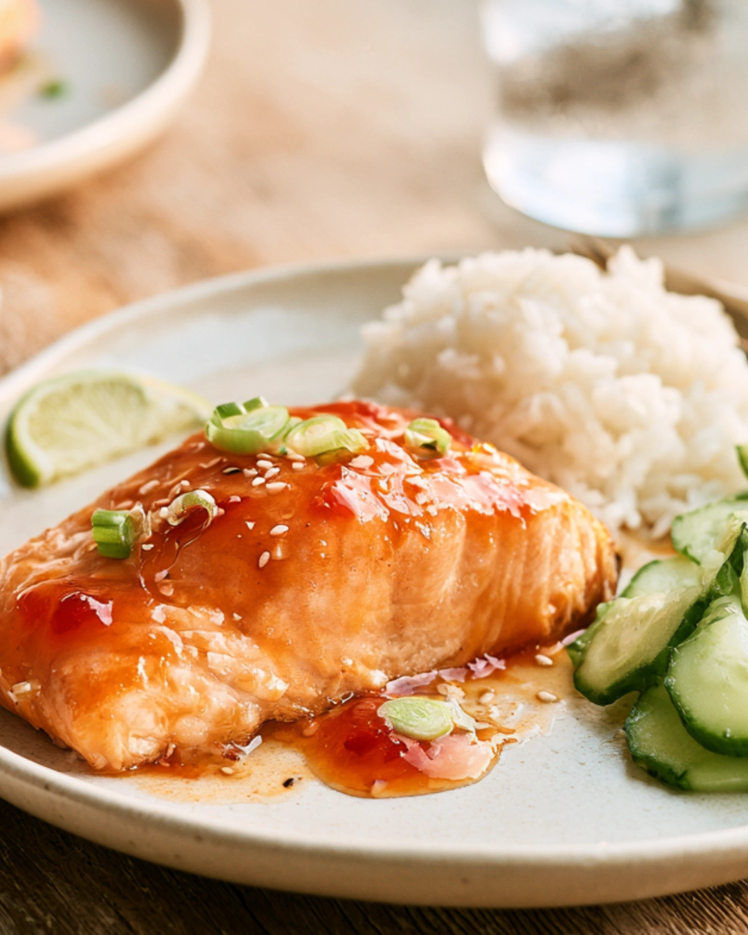 Easy Sweet Chilli Salmon served with jasmine rice and cucumber salad