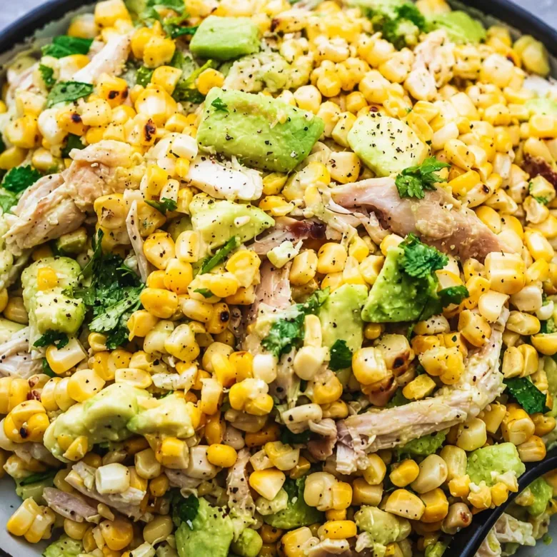 Delicious Chicken Corn Salad with grilled chicken, sweet corn, and creamy avocado.