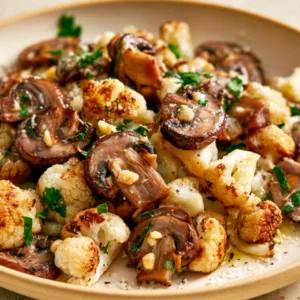 Garlic Mushrooms & Cauliflower with golden cauliflower, sautéed mushrooms, garlic, and parsley