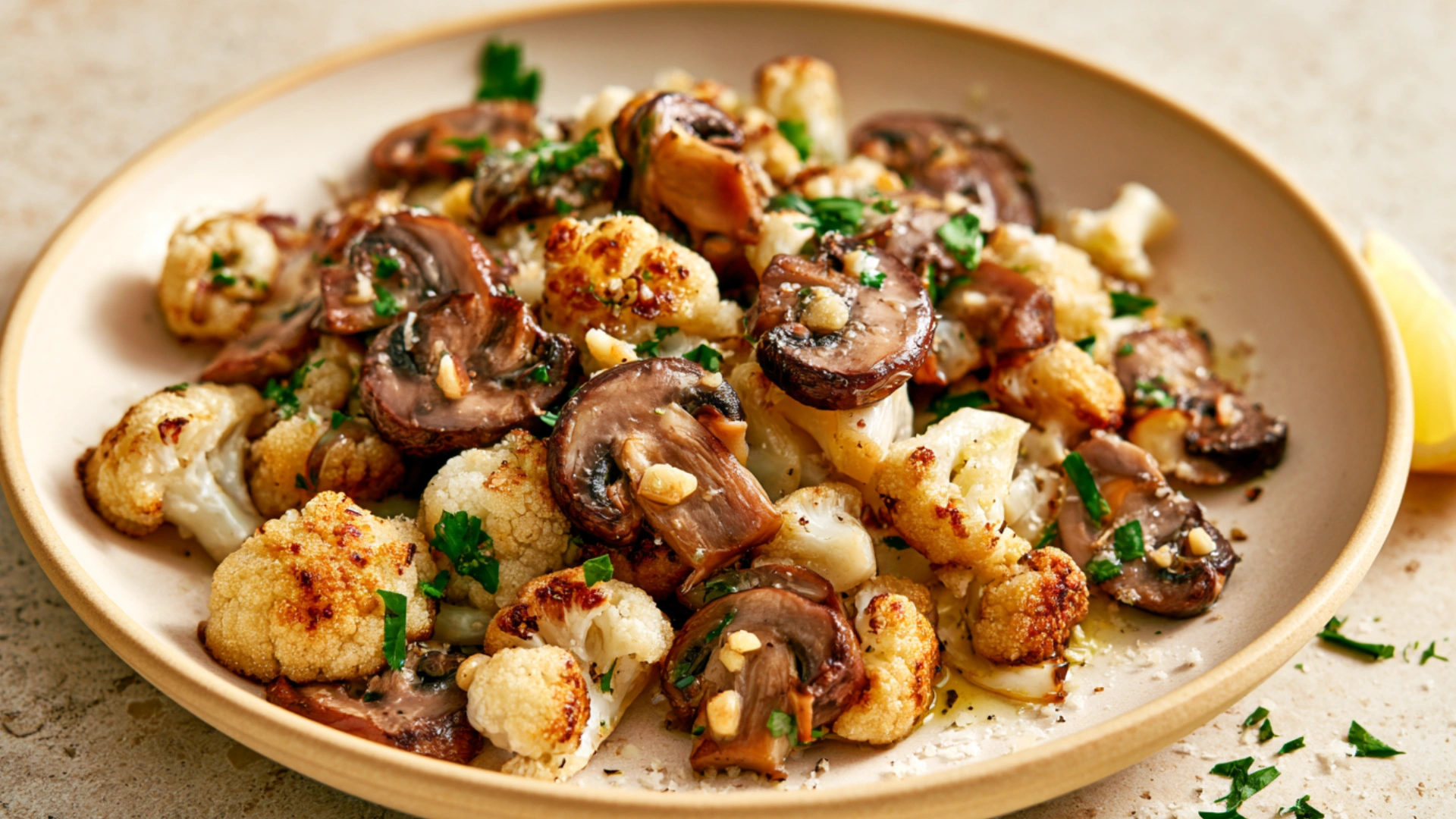 Garlic Mushrooms & Cauliflower with golden cauliflower, sautéed mushrooms, garlic, and parsley