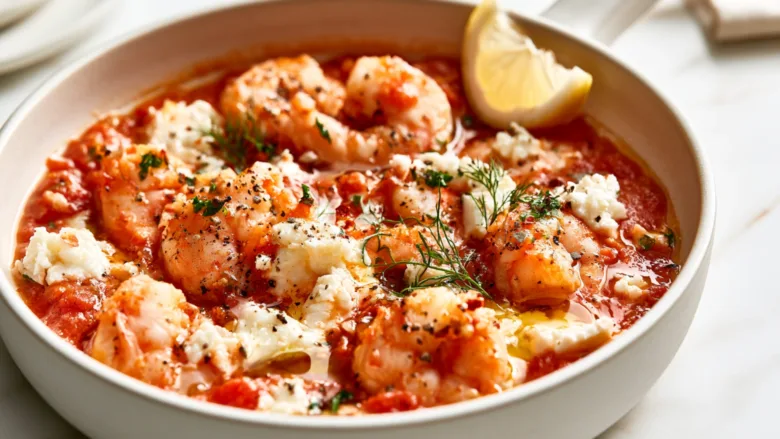 Greek Shrimp with Tomatoes and Feta in a tomato garlic sauce
