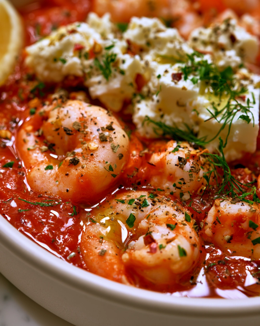 Greek Shrimp with Tomatoes and Feta served with lemon and herbs