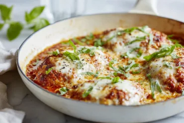 Ground Chicken Parmesan with melted mozzarella and marinara sauce
