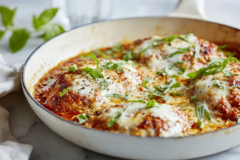 Ground Chicken Parmesan with melted mozzarella and marinara sauce