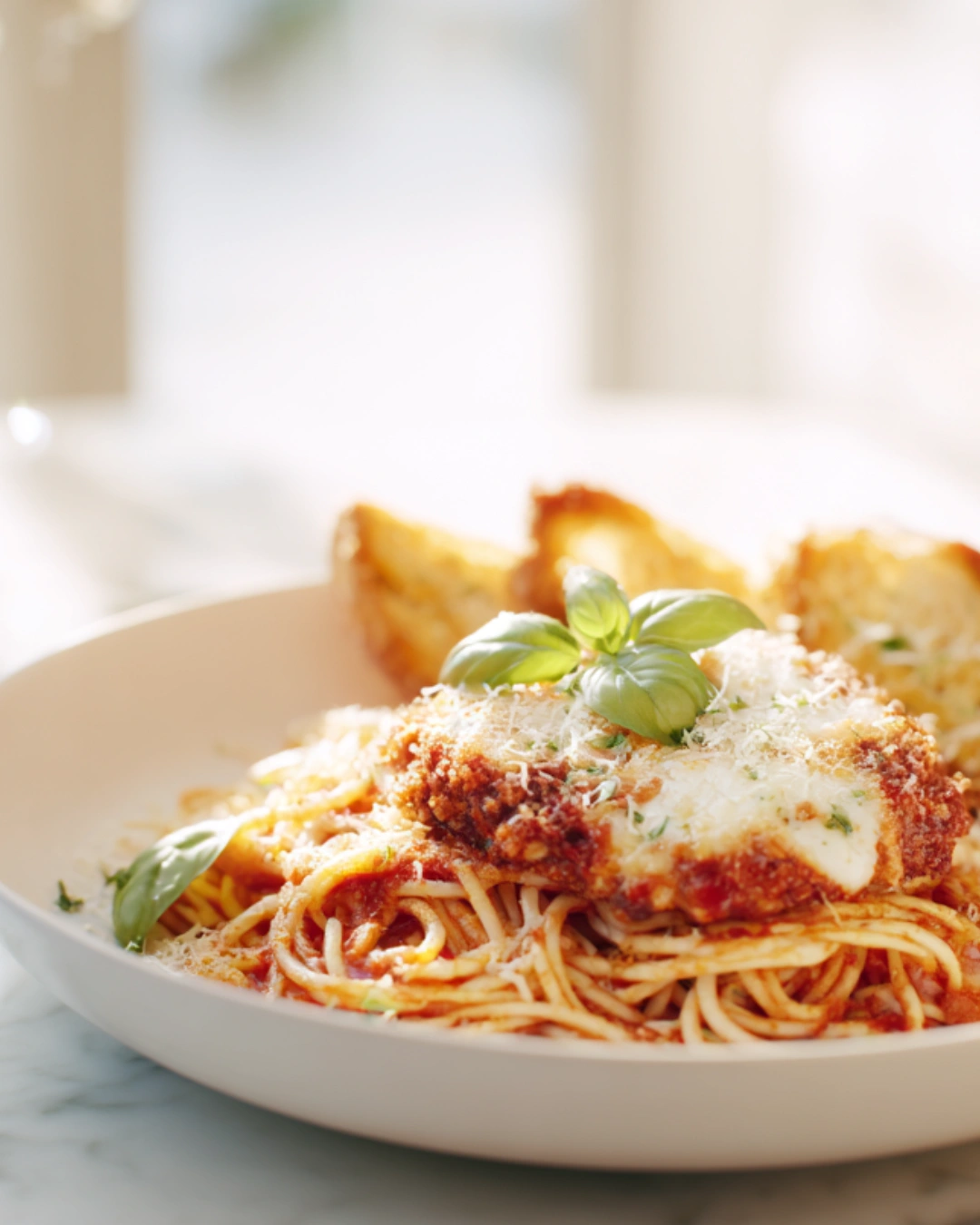 Ground Chicken Parmesan served over spaghetti
