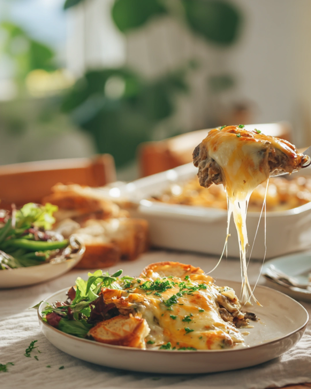 Hamburger Green Bean Casserole with Mushrooms served with garlic bread and salad