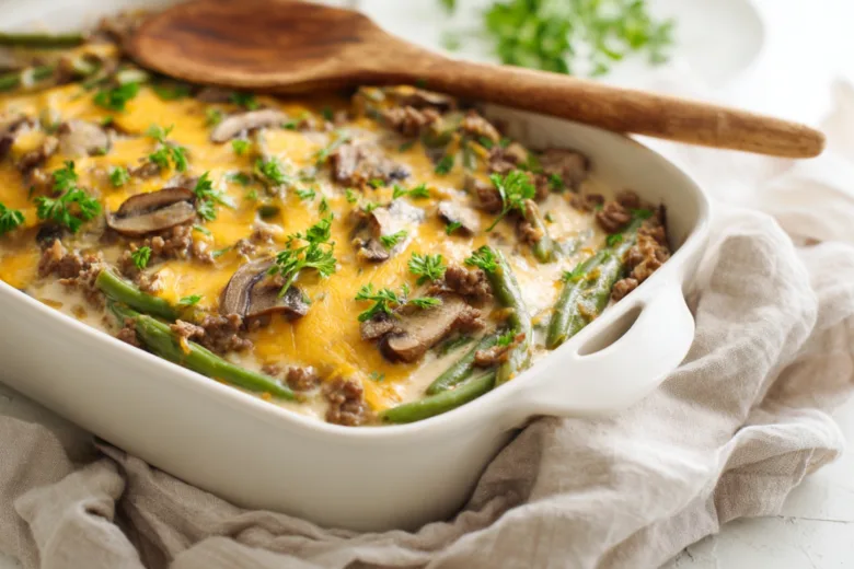 Hamburger Green Bean Casserole with Mushrooms baked with melted cheddar cheese