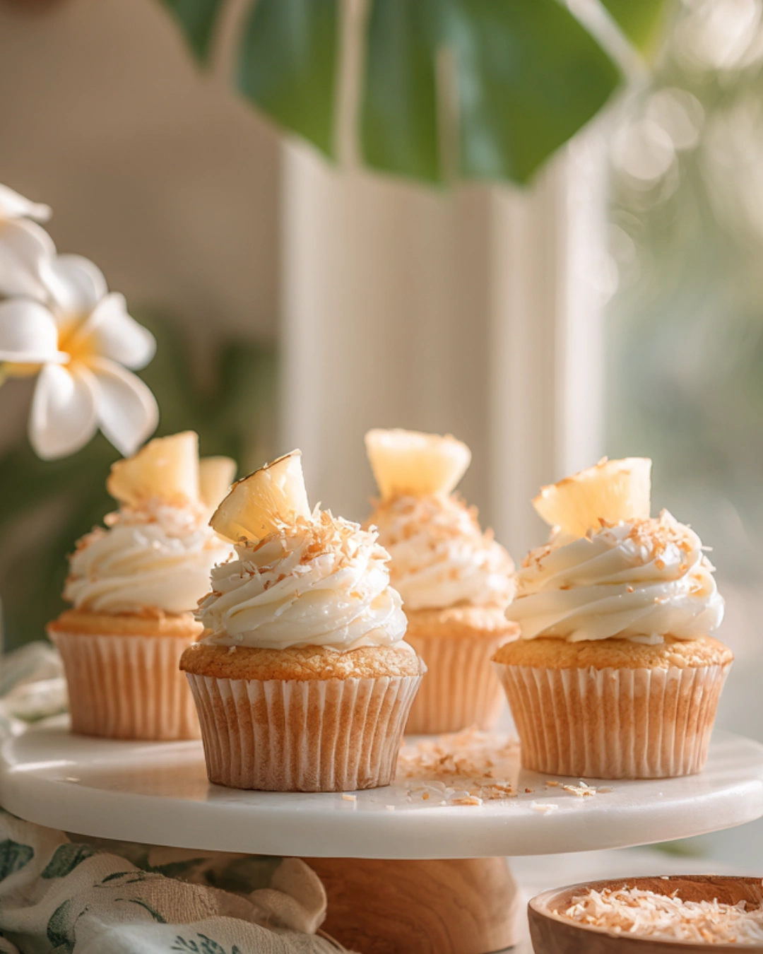 Hawaiian Cupcakes with pineapple and toasted coconut served on a platter