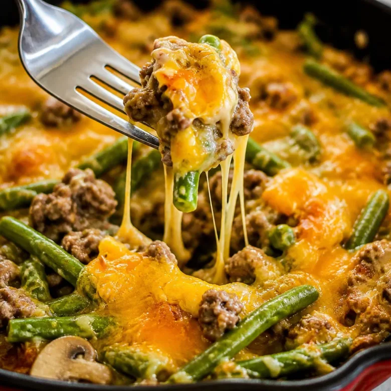 Delicious Hamburger Green Bean Casserole with Mushrooms, ground beef, and cheese.