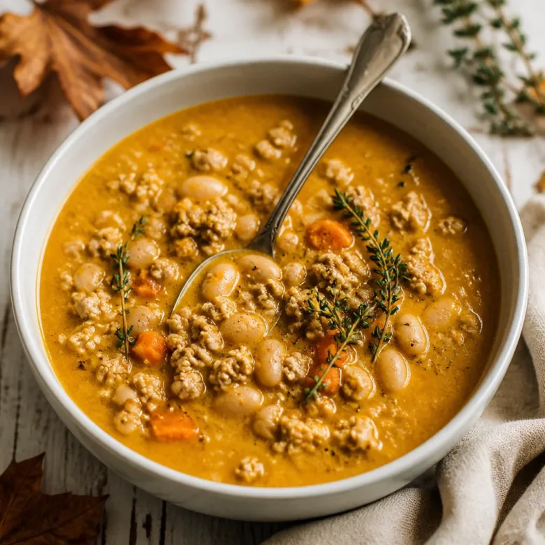 Bowl of High Protein Turkey Pumpkin White Bean Chili with colorful toppings