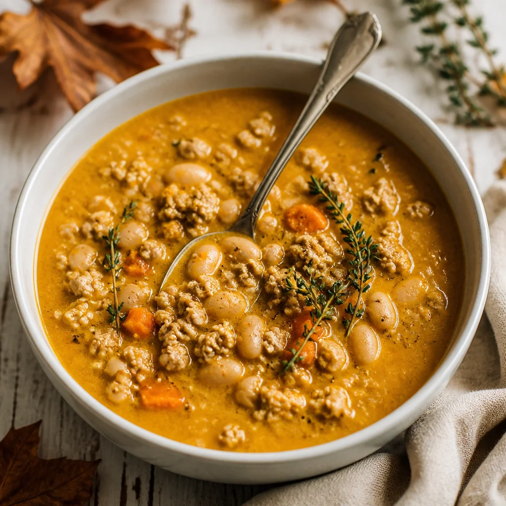 Bowl of High Protein Turkey Pumpkin White Bean Chili with colorful toppings