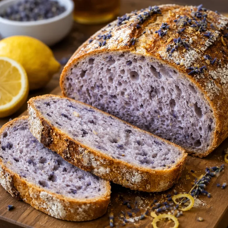 Soft Lavender Lemon Sourdough Loaf with aromatic lavender and citrus zest