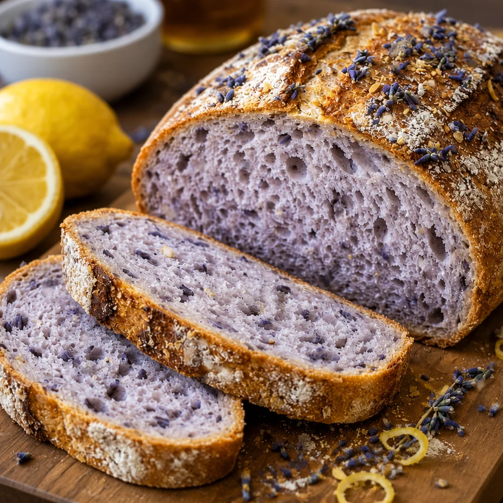 Soft Lavender Lemon Sourdough Loaf with aromatic lavender and citrus zest