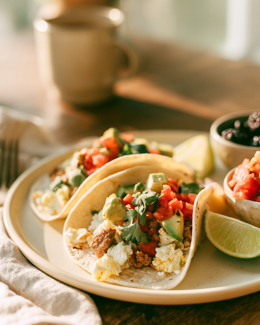 High Protein Cottage Cheese Breakfast Tacos served with fresh berries