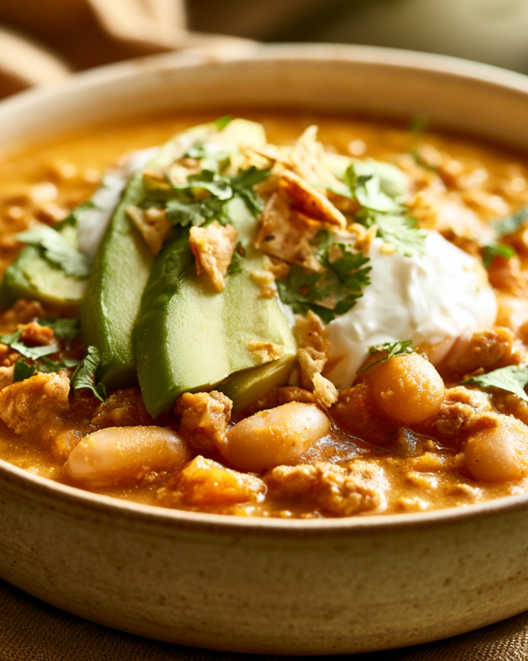 High Protein Turkey Pumpkin White Bean Chili served with cornbread