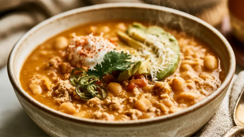 High Protein Turkey Pumpkin White Bean Chili with avocado and Greek yogurt