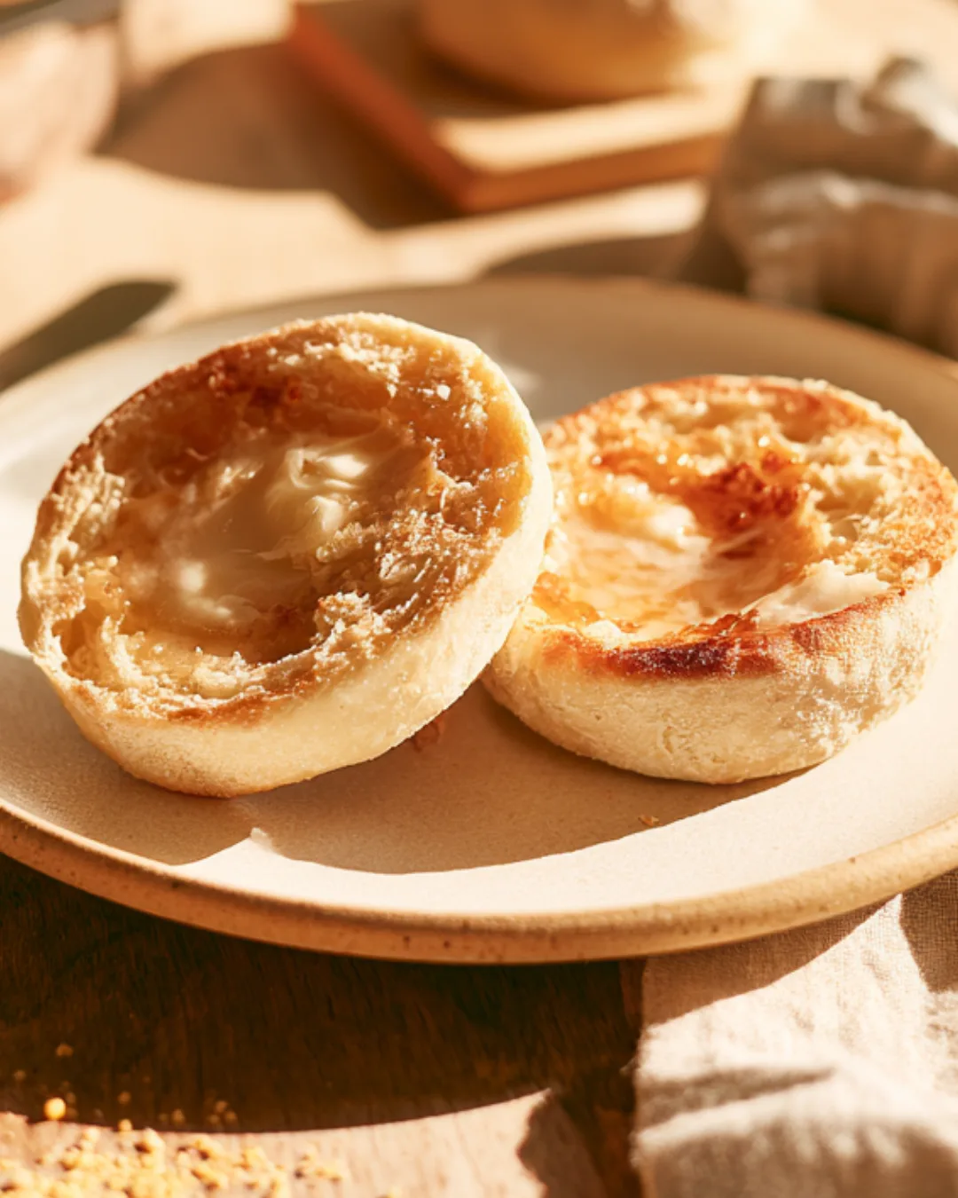 Toasted Homemade English Muffins with melted butter