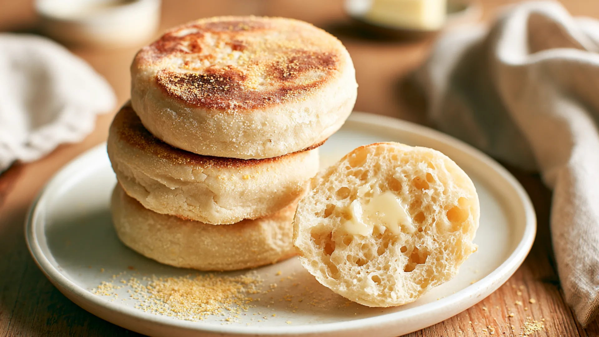 Homemade English Muffins with golden edges and nooks and crannies