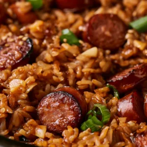 Honey Garlic Smoked Sausage and Rice in a skillet