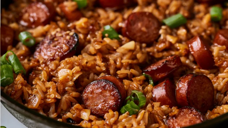 Honey Garlic Smoked Sausage and Rice in a skillet