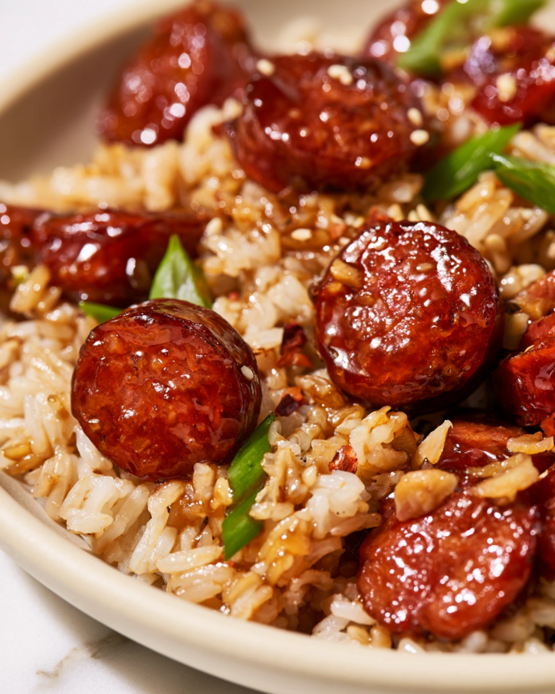 Honey Garlic Smoked Sausage and Rice served in a bowl