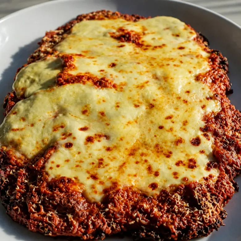 Delicious Ground Chicken Parmesan served with pasta and cheese, oven-baked for a crispy finish.