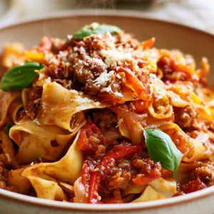 Italian Drunken Noodles with sausage, peppers, tomato sauce, and Parmesan