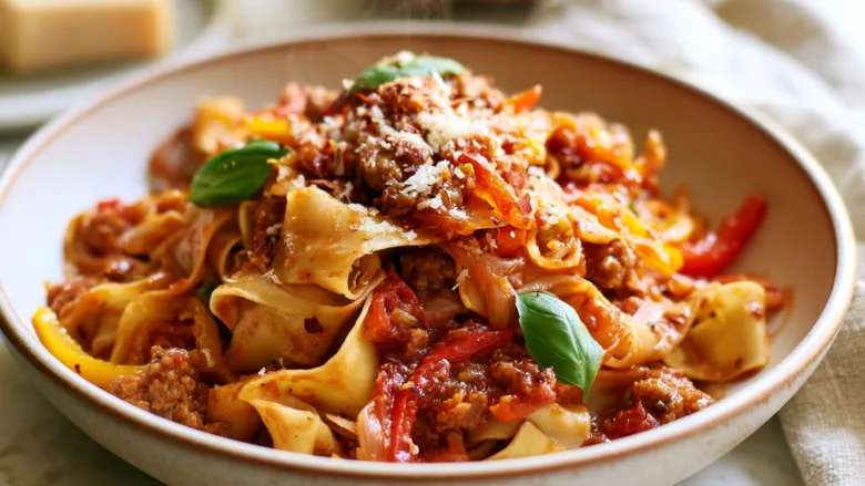 Italian Drunken Noodles with sausage, peppers, tomato sauce, and Parmesan