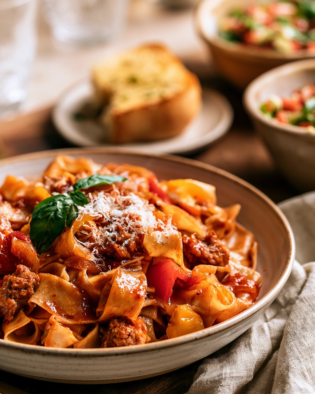 Italian Drunken Noodles served with garlic bread and Italian chopped salad