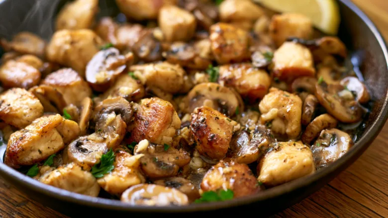 Mushroom Chicken Bites with garlic butter and browned mushrooms
