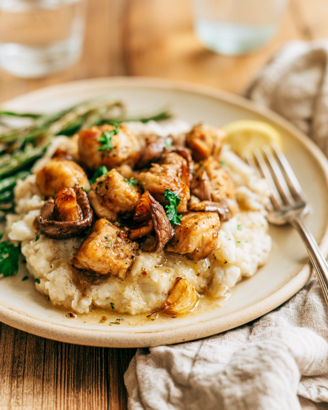 Mushroom Chicken Bites served with mashed potatoes and green beans