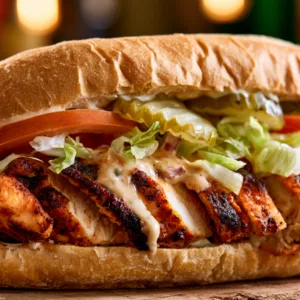 New Orleans Blackened Chicken Po’ Boy with remoulade and pickles