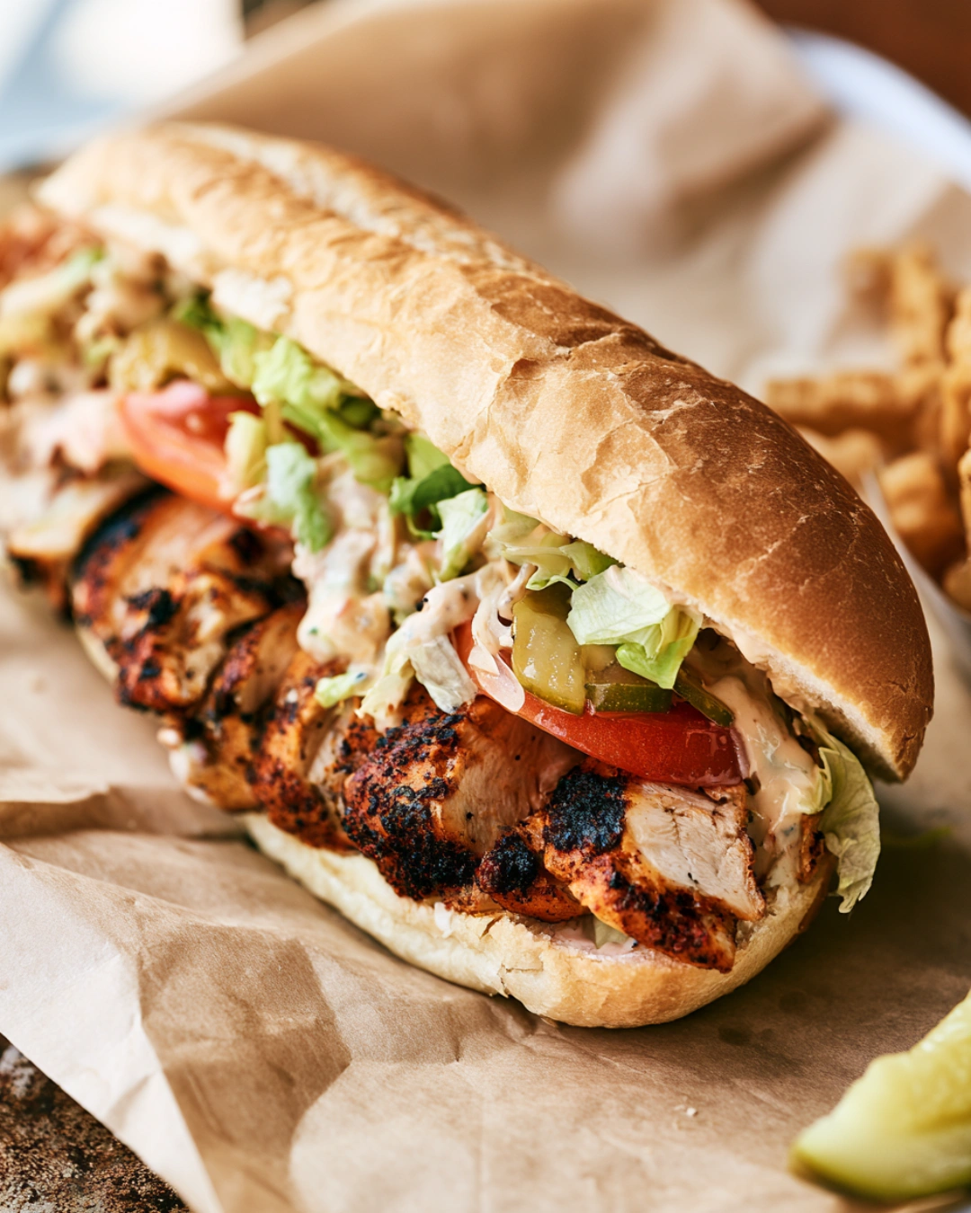 New Orleans Blackened Chicken Po’ Boy served with fries and pickles